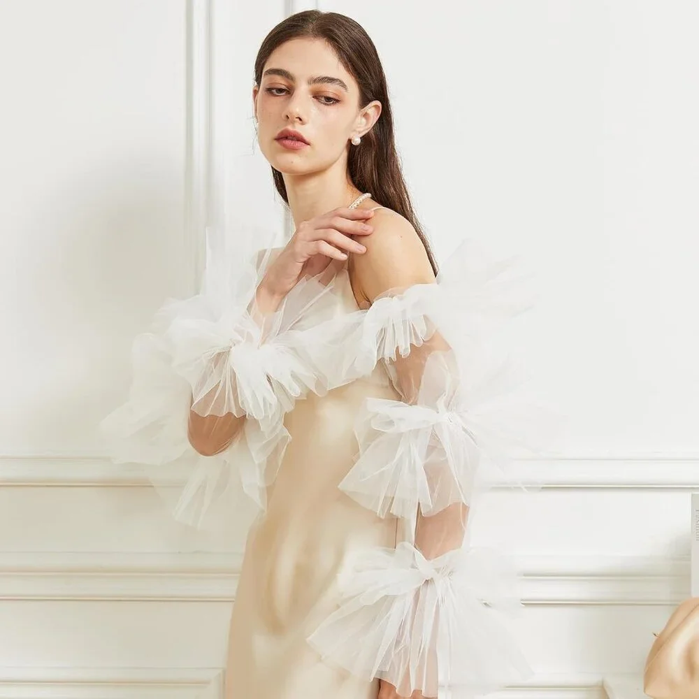 Women's White Satin Tulle  Ruffled Puff Long Gloves Banquet Wedding Party